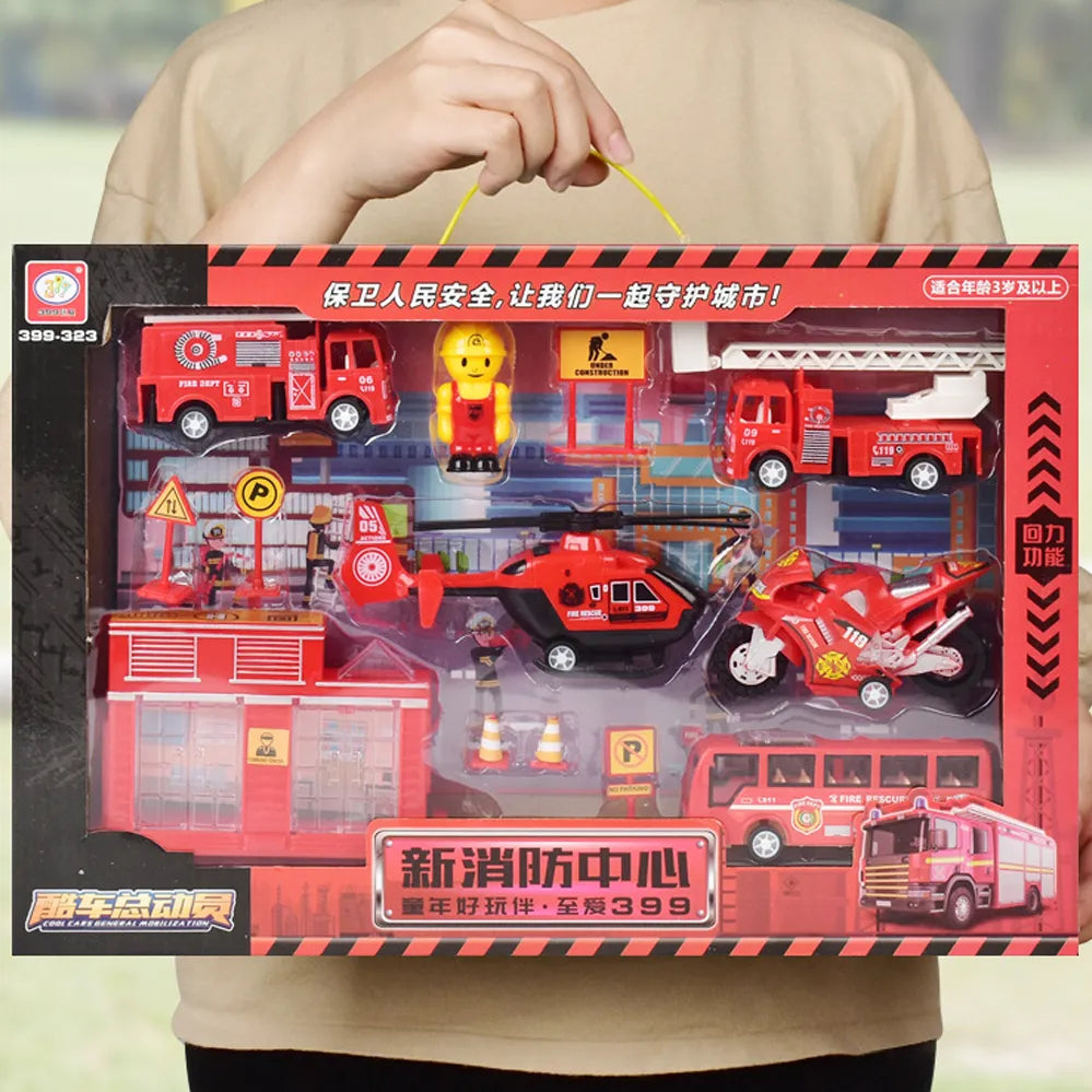 Children's Engineering Vehicle Gift Box Set with Fire Truck, Police Car, and More Miniature Toys for Boys and Girls