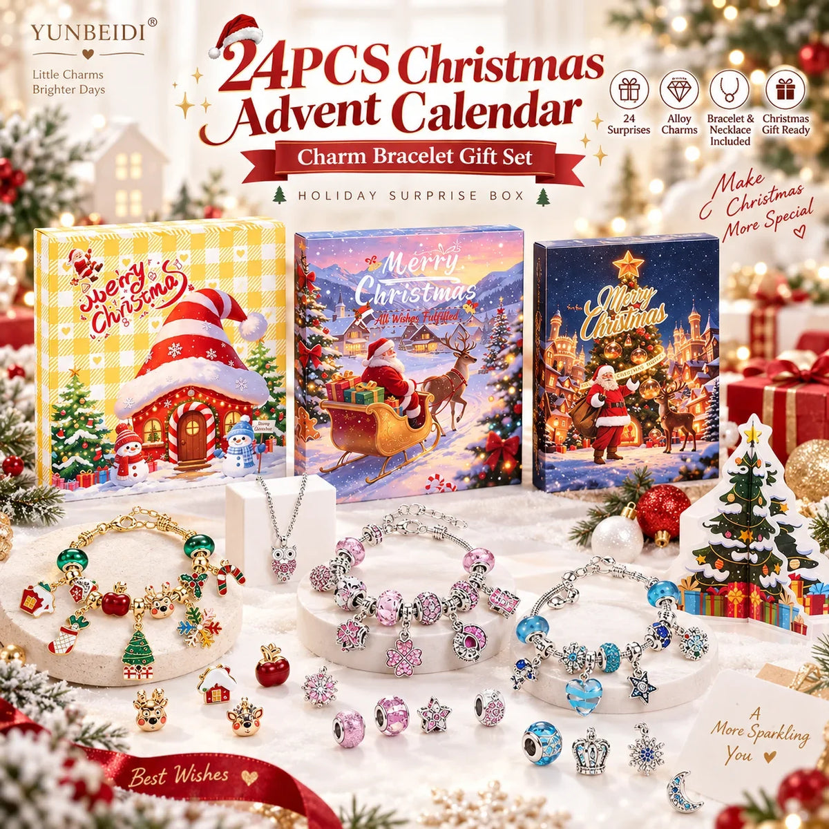 Advent Calendar | 24 Day Charm Bracelet Set | Alloy Metal Pendants And Beads | Christmas Jewelry Gift