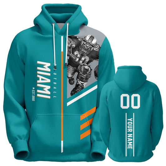 Personalized 3D Printed Miami Football Hoodie for Men & Youth - Custom Name, Number, City & Mascot Pullover Gift