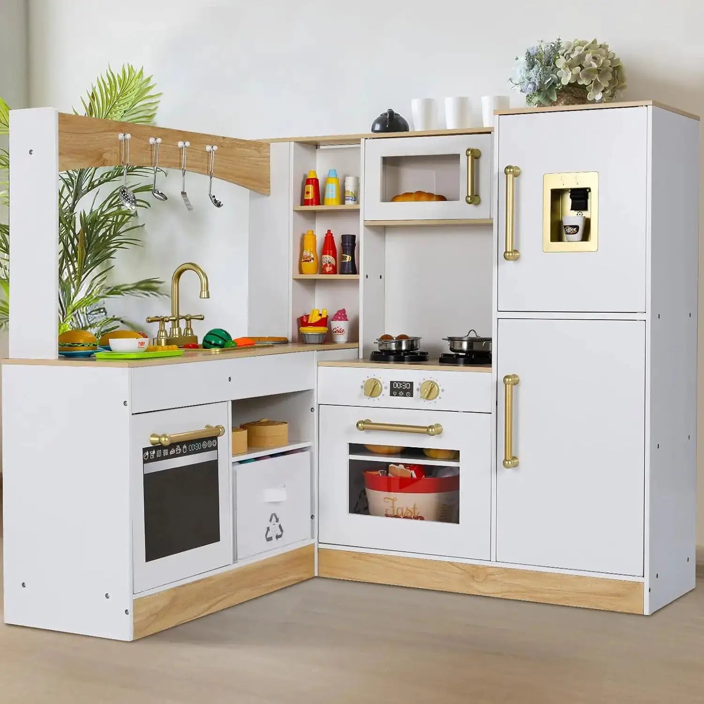 Corner Play Kitchen for Kids, Wooden Pretend Toy Kitchen, Large Toodler Cooking Playset w/Refrigerator, Stove w/Light & Sound, D - ToylandEU
