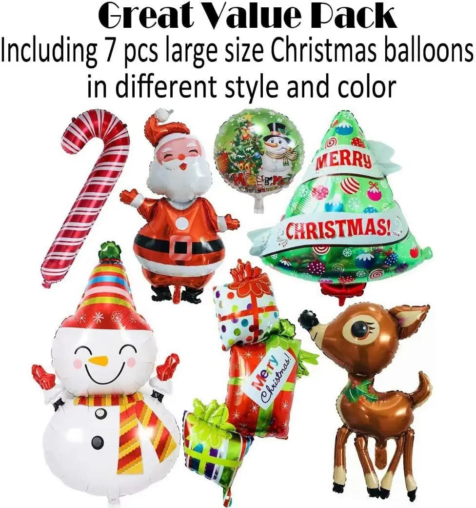 Christmas Balloons | Giant 7Pcs Latex Set | Reindeer Snowman Santa Elk Shapes