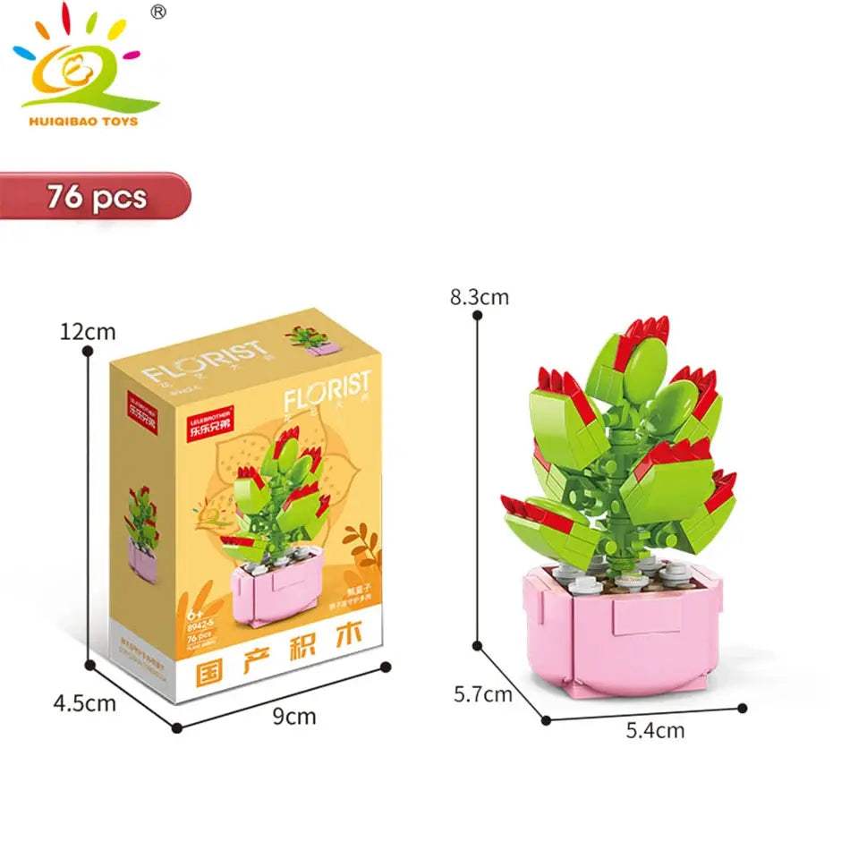 HUIQIBAO MOC Flower Succulent Potted Model Building Block DIY Eternal Bouquet Home Desk Plant Decor Brick Girl Gift Children Toy - ToylandEU