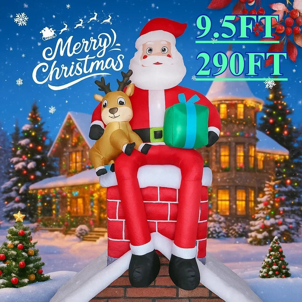 Inflatable Christmas Decor | 9.5 Foot Led Lit | Santa On Chimney | Outdoor Yard