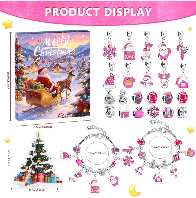 Advent Calendar | 24 Day Pendant Bracelet Gift Set | Alloy Metal Charms | Christmas Countdown Jewelry