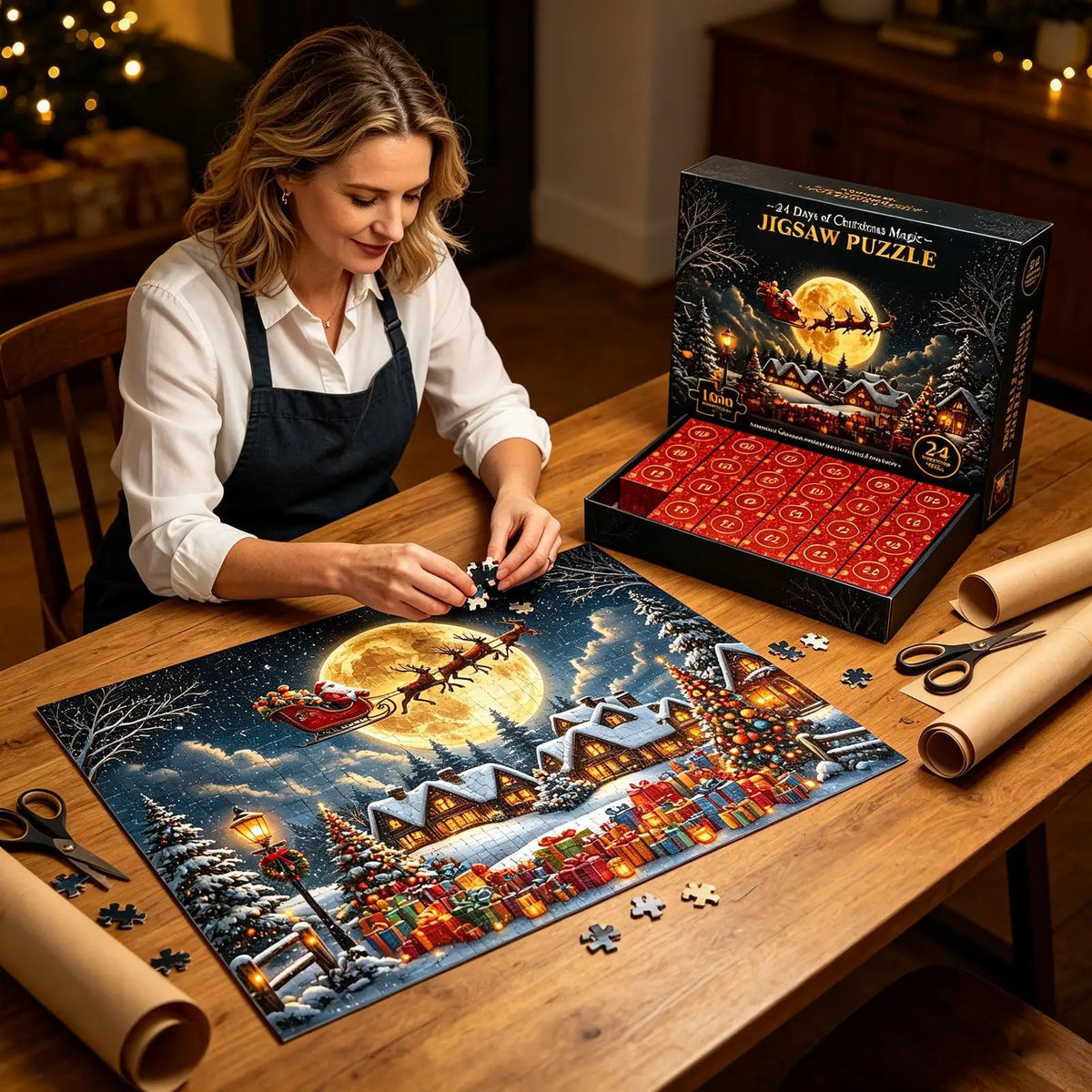 Advent Calendar | 24 Day Countdown Jigsaw Puzzle | 1008 Pieces | Snow Village Santa Holiday Gift