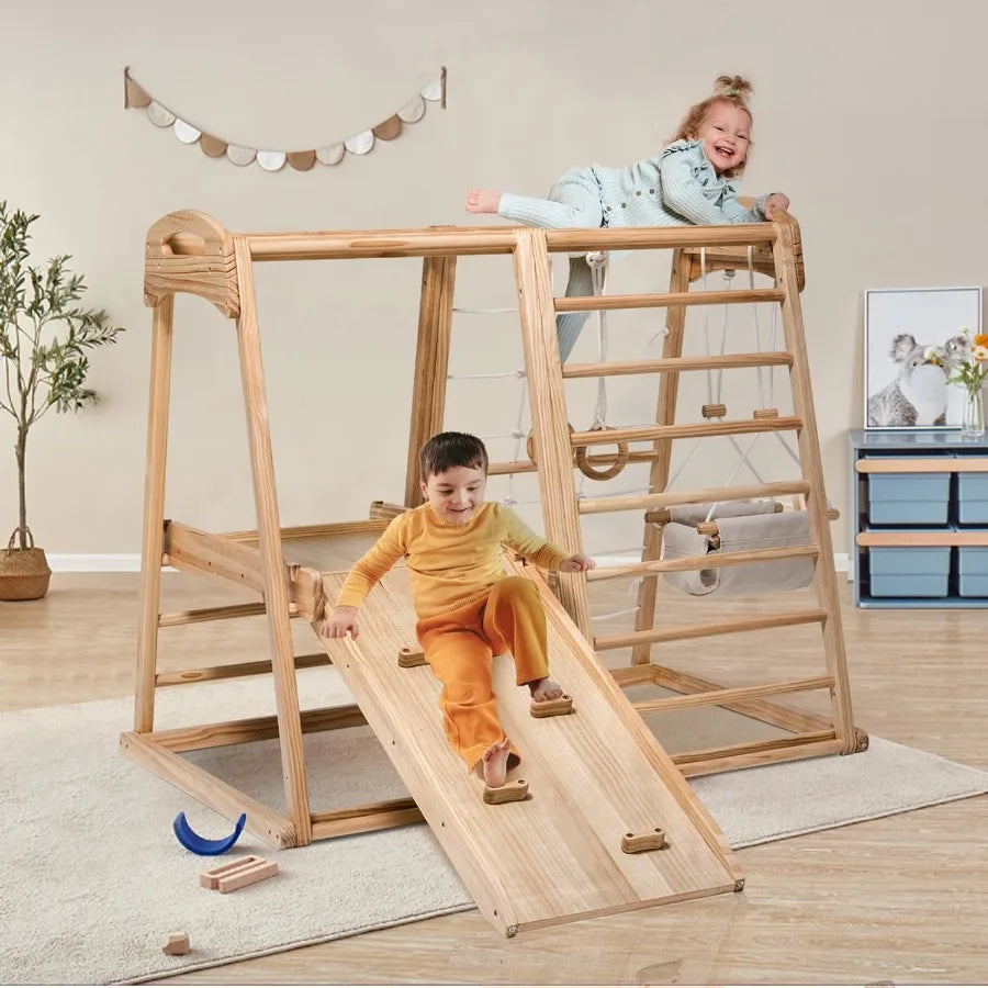 Indoor Wooden Climber Playset 8In1 Jungle Gym Montessori