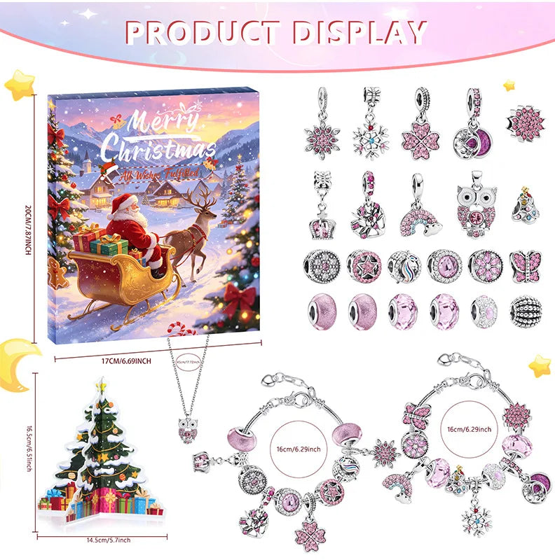 Advent Calendar | 24 Day Pendant Bracelet Gift Set | Alloy Metal Charms | Christmas Countdown Jewelry