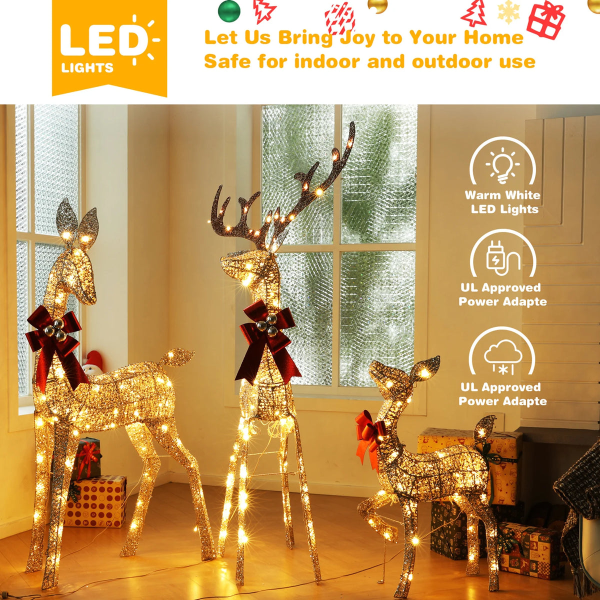 Lighted Christmas Deer Set | 210 Warm Led Lights | 3 Piece Outdoor Decor