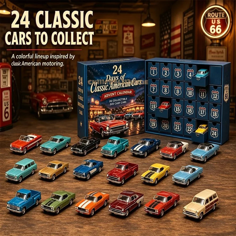 Advent Calendar | 2026 Classic American Cars | 24 Die Cast Vehicles | Vintage Collectible Gift Set