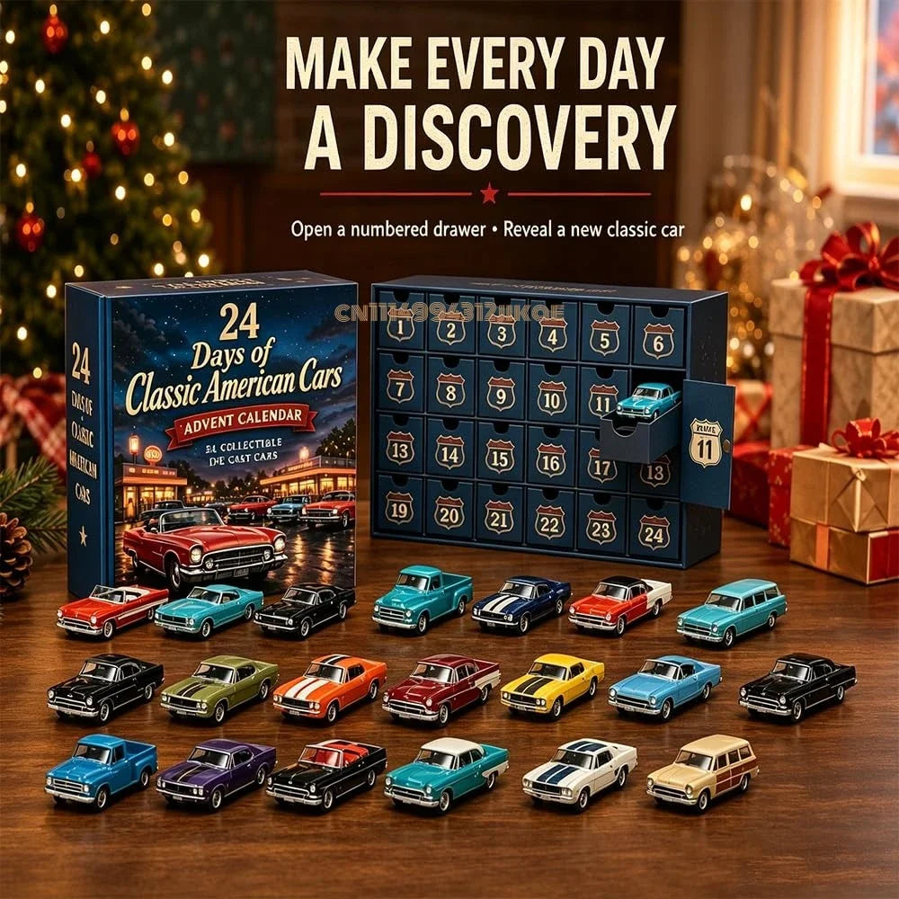 Advent Calendar | 2026 Classic American Cars | 24 Die Cast Vehicles | Vintage Collectible Gift Set
