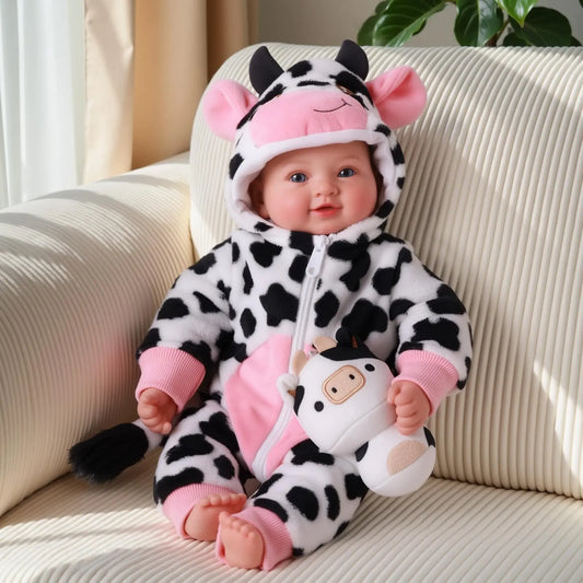Realistic 17 Inch Baby Doll With Blue Eyes Cow Outfit