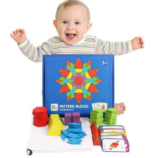 Wooden Geometric Shapes Puzzle Set - 155 Piece Math Learning Bricks for Preschoolers - ToylandEU