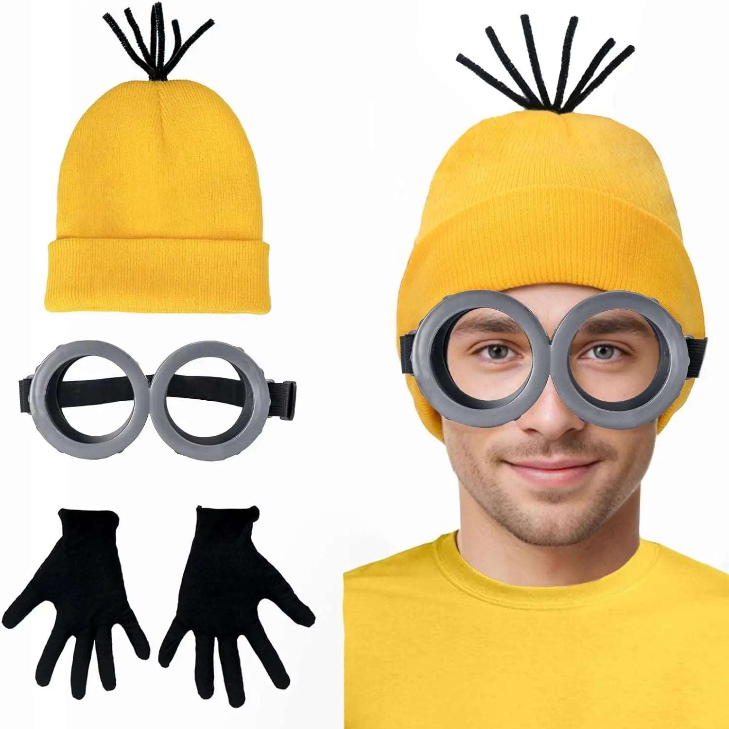 3-Piece Minions Steampunk Cosplay Set with Goggles, Beanie, Gloves for Women and Men Halloween Party