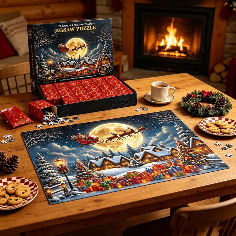 Advent Calendar | 1008 Piece Jigsaw Puzzle | 24 Daily Boxes | Santa Snow Village Scene