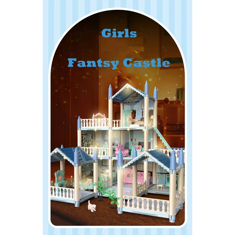 Princess Castle Dollhouse Kit with LED Lights - DIY Miniature 3D Assembly Model for Girls - Educational Toy for Ages 3-12