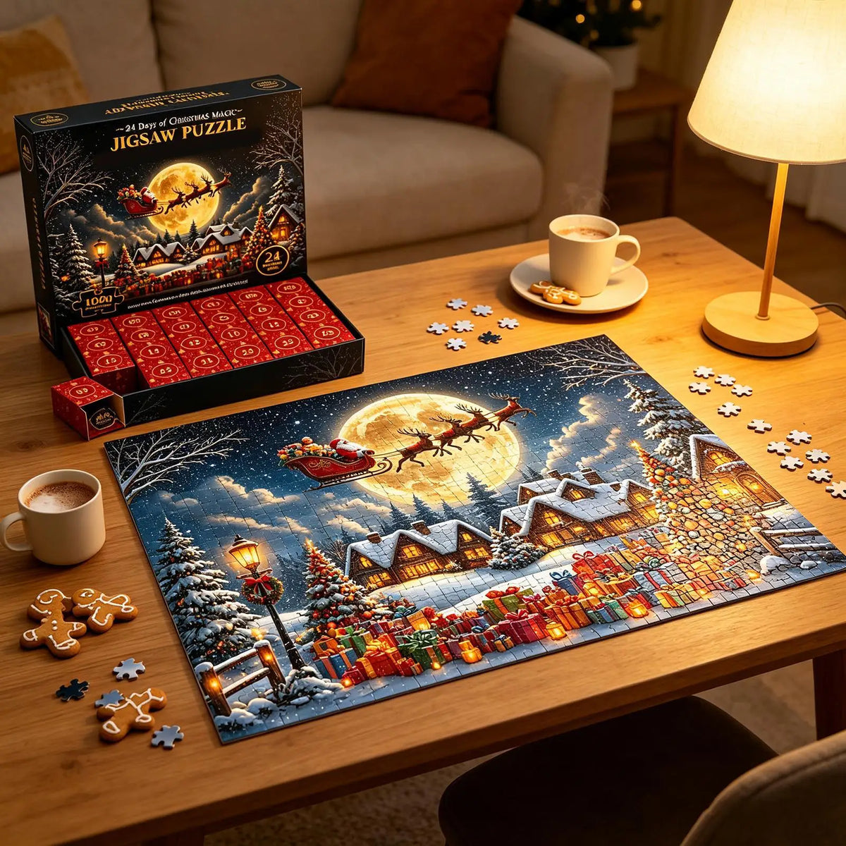Advent Calendar | 24 Day Countdown Jigsaw Puzzle | 1008 Pieces | Snow Village Santa Holiday Gift