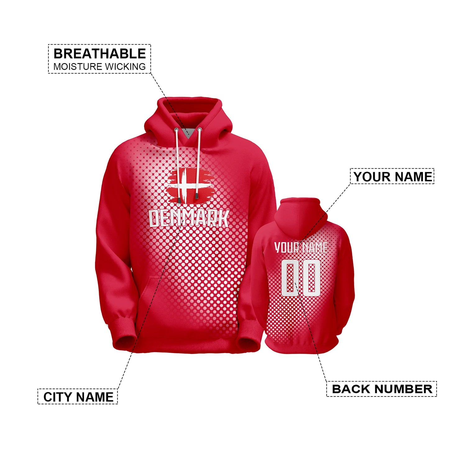 Personalized Denmark Soccer Hoodies for Men, Women, and Youth - Custom Name & Number 3D Printed Football Sweatshirt for Fans