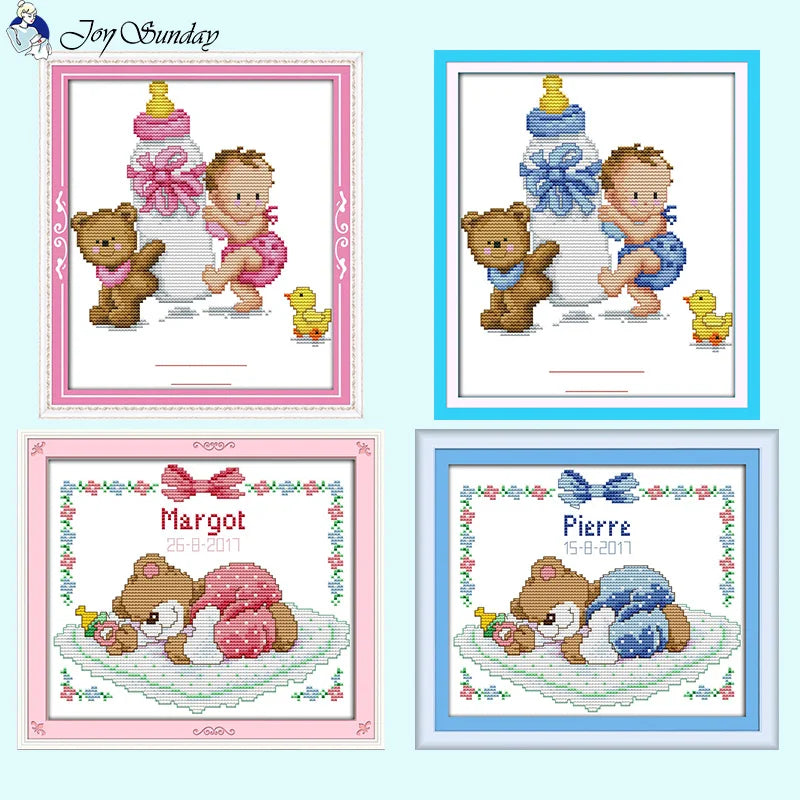 Baby Bottle Themed Cross Stitch Embroidery Kit - 14ct, 16ct, 11ct Printed Canvas Fabric for DIY Hand Sewing and Birth Certificates