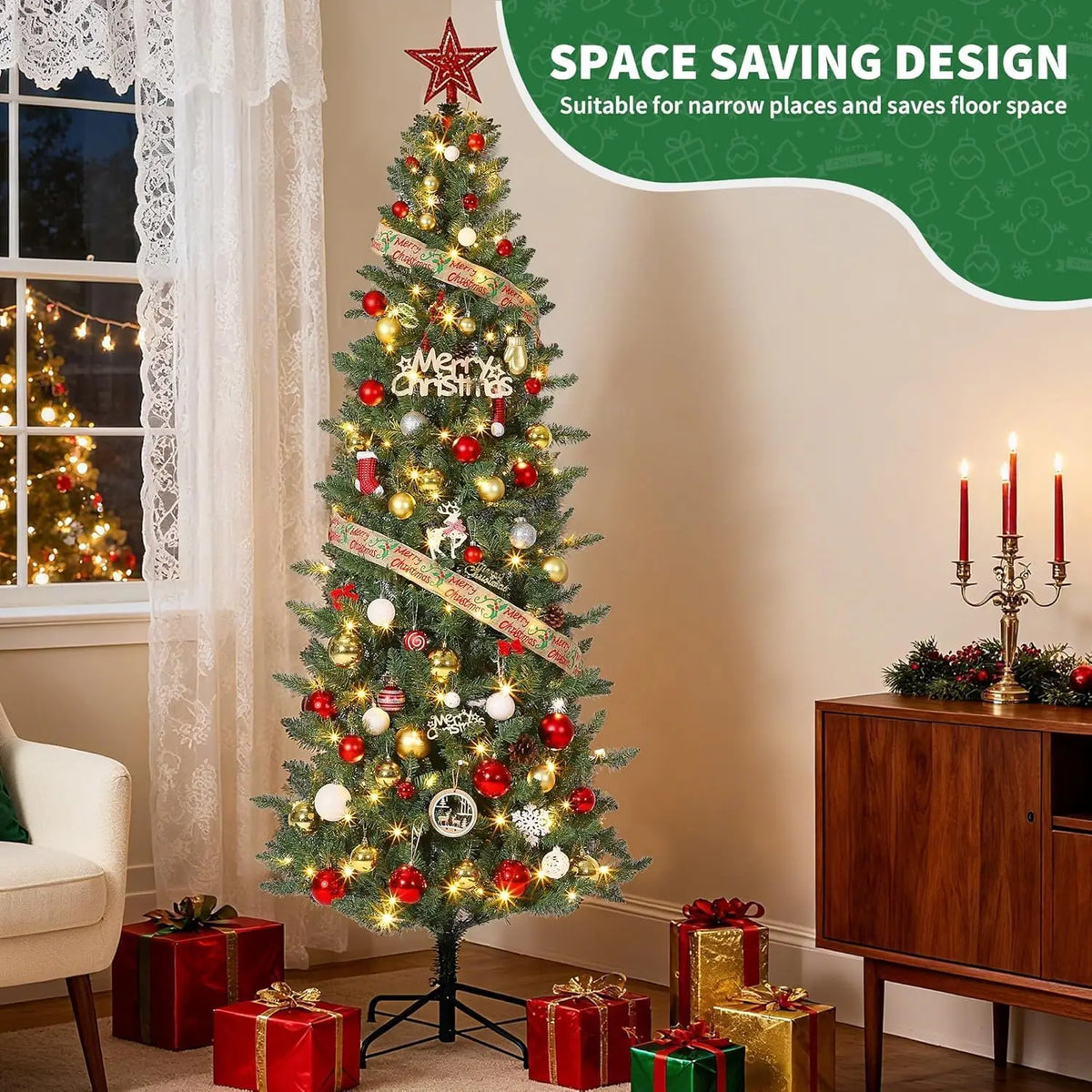 Artificial Christmas Tree | Pre Lit Warm Lights | Slim Pencil Trunk | Compact