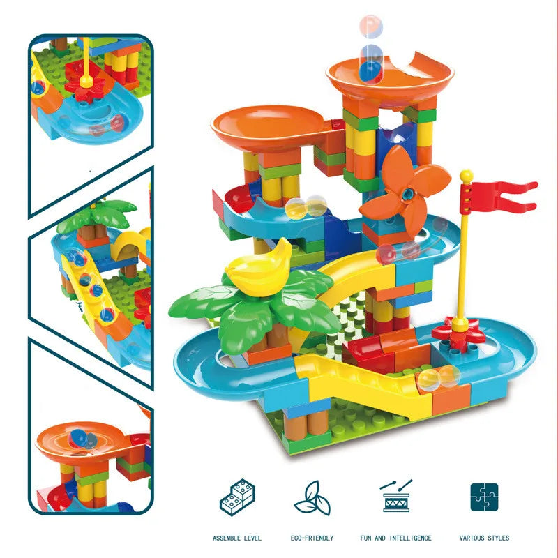 Maze Ball Path Building Blocks Set - 98 Piece Marble Race Educational Toy with Slow Slide Ladder and Funnel Track - Unisex Construction Kit