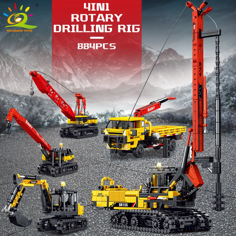 HUIQIBAO 884PCS 4in1 Engineering Piling Machine Building Block Crane - ToylandEU