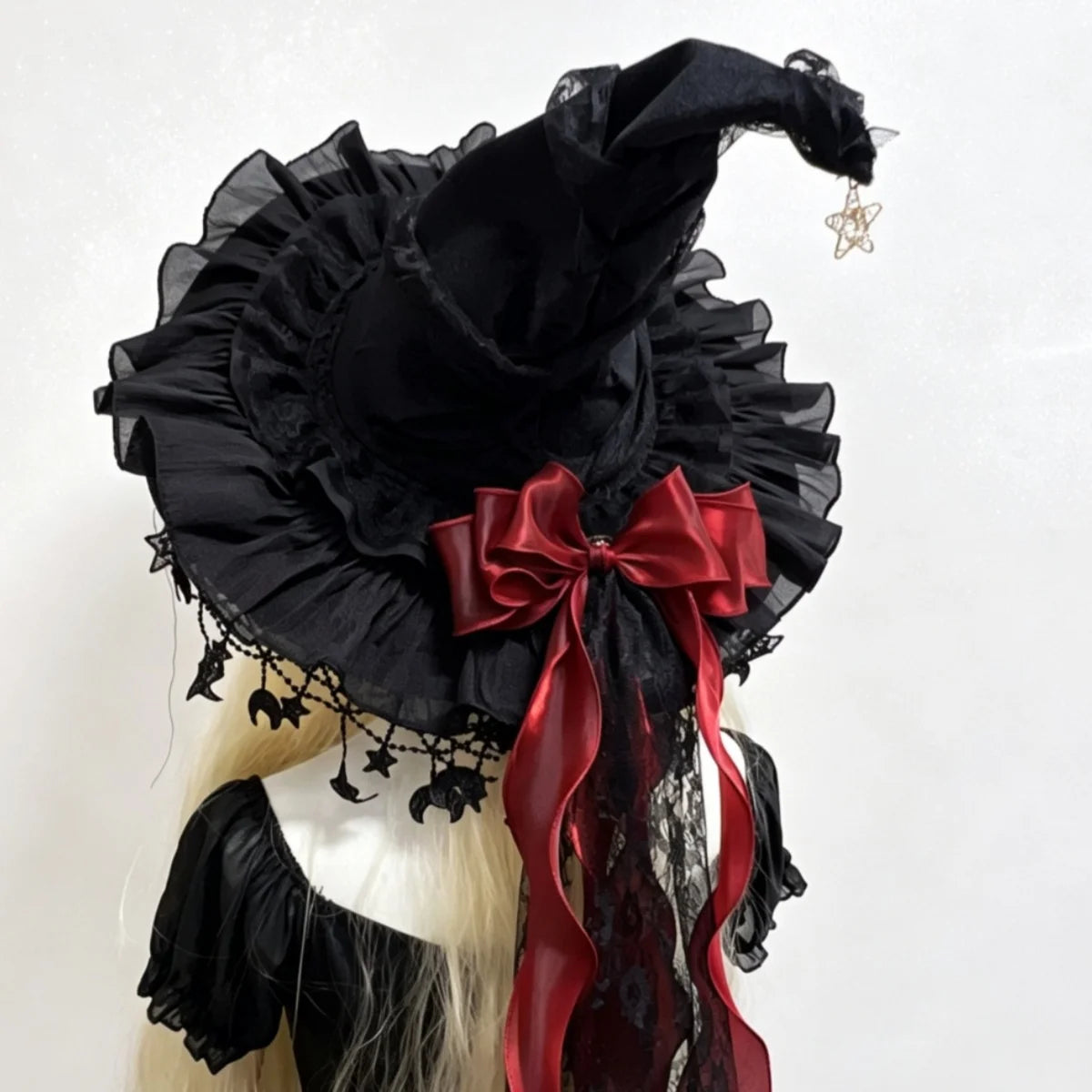 Lace Velvet Witch Hat | Moon Pendant Trim | Lace Edge Detail | Adult Party Wear