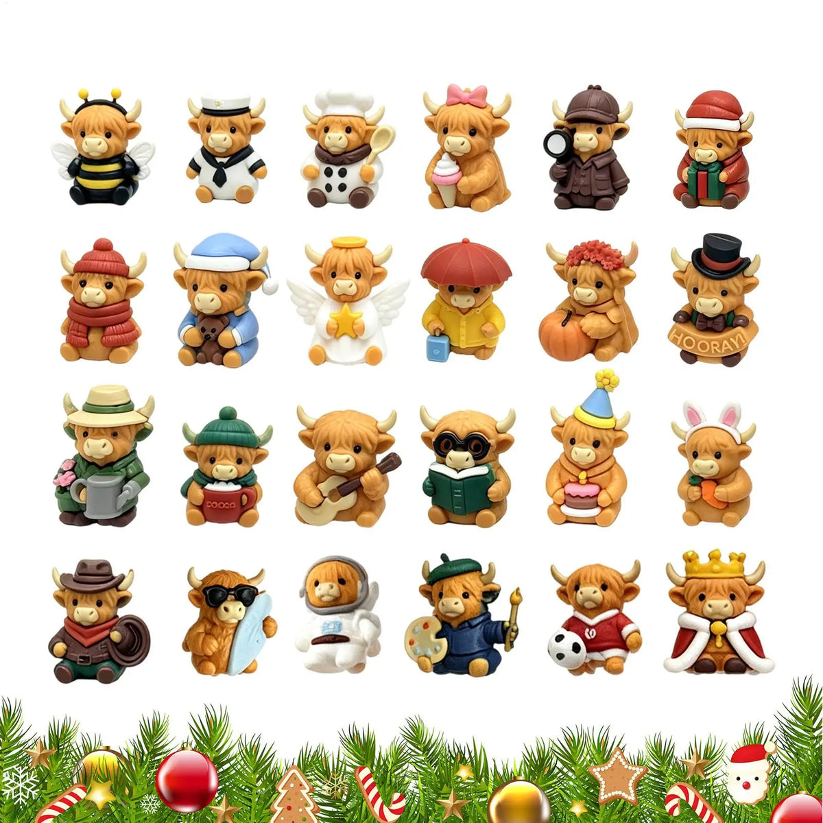 Advent Calendar | 24 Day Highland Cow Mini 3D Figurines | Christmas Tree Pendants | Countdown Keepsake Gift