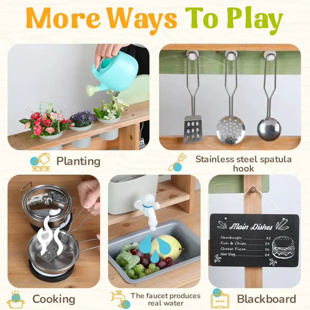 Complete Outdoor Mud Kitchen Playset for Kids - Realistic Faucet, Removable Sink & Planting Box with Watering Pot - ToylandEU