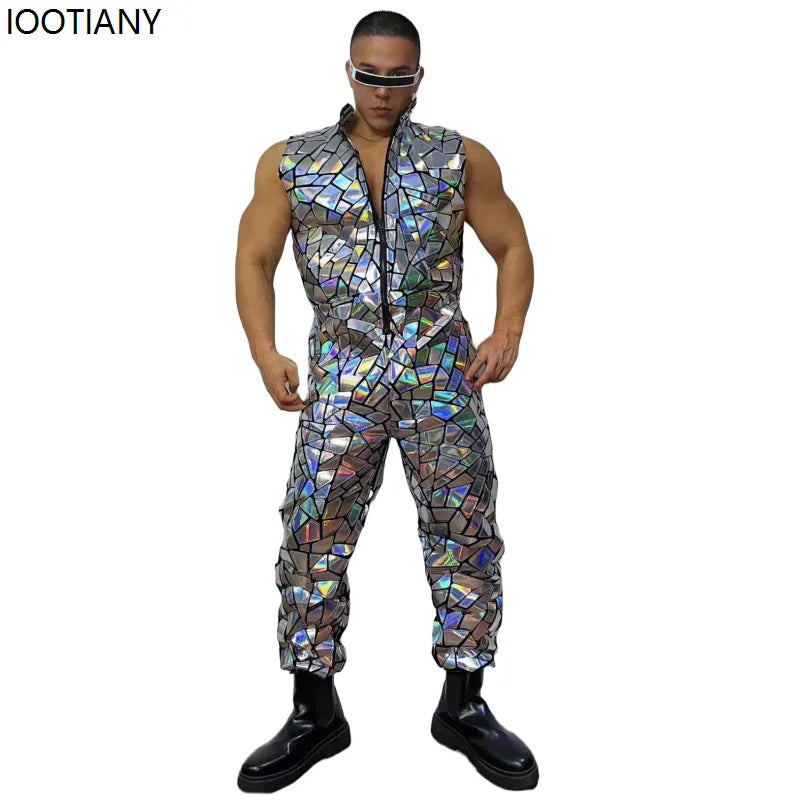 Men's Laser Mirror Sleeveless Jumpsuit | Sequin Bodysuit | Hip Hop Dancer Costume