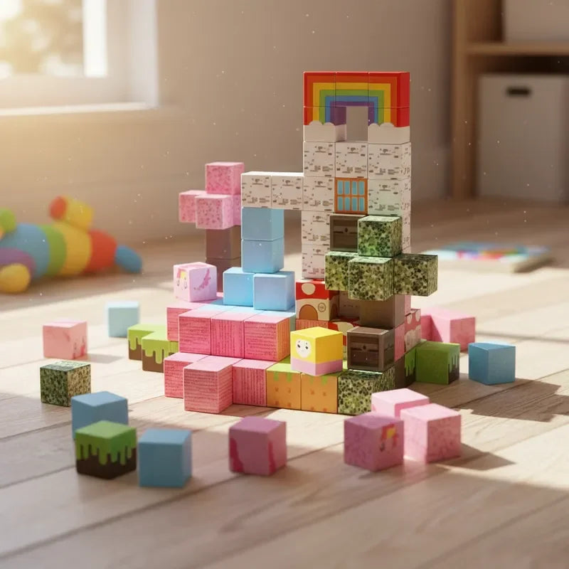 Magnetic Building Blocks | 100 Piece Set | Rainbow Forest | Pink Box