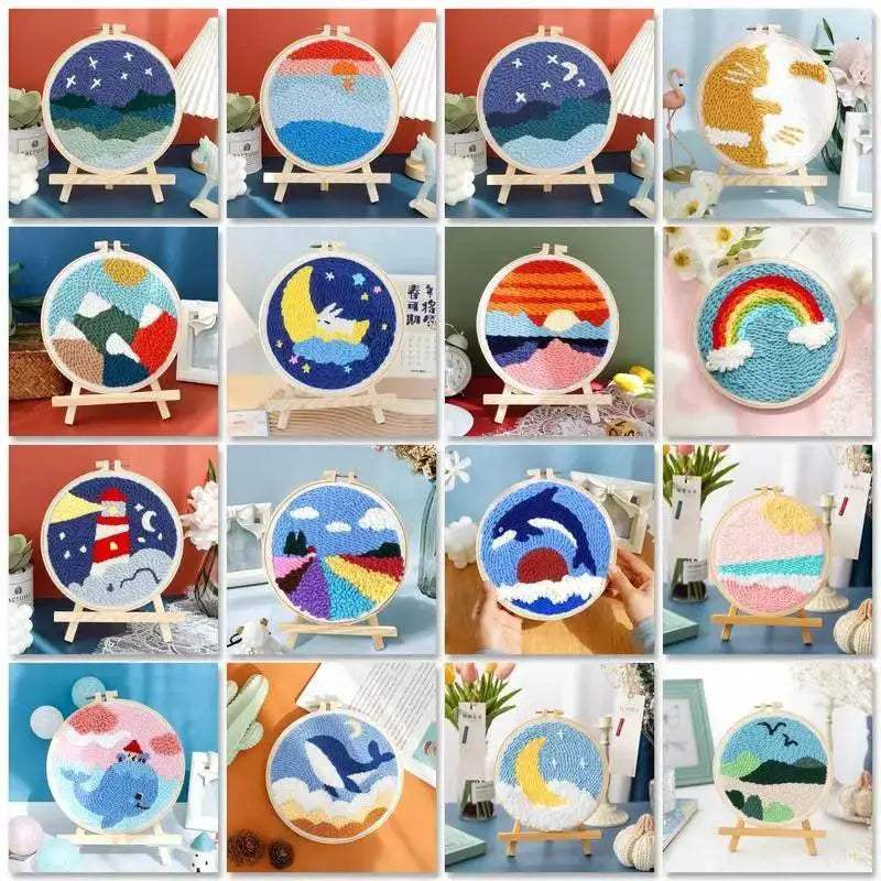  SDOYUNO Punch Needle Embroidery Kit - Adjustable Tool, Hoop, and Yarn for Beginners - 20x20cm Rug Landscape Coaster Set -  ToylandEU™