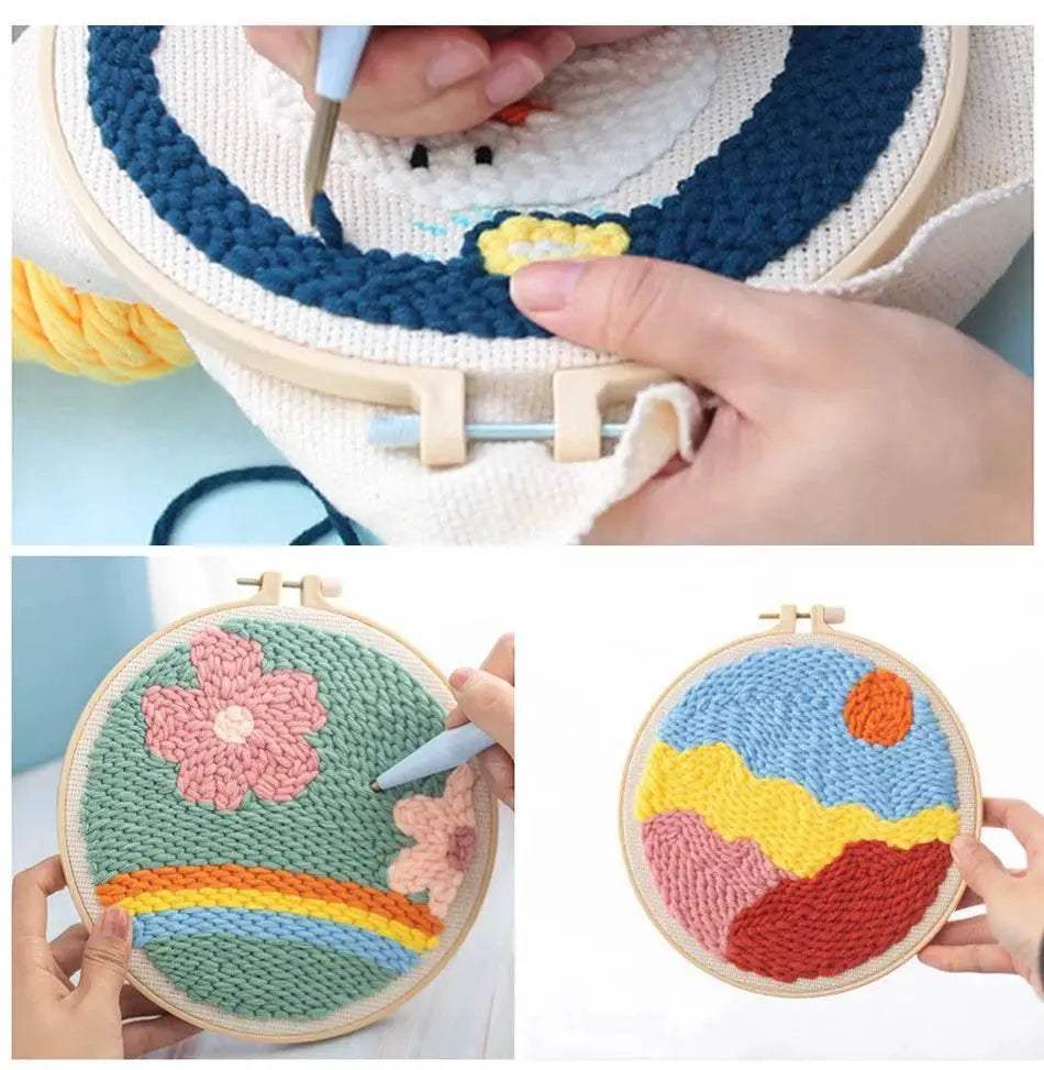  SDOYUNO Punch Needle Embroidery Kit - Adjustable Tool, Hoop, and Yarn for Beginners - 20x20cm Rug Landscape Coaster Set -  ToylandEU™