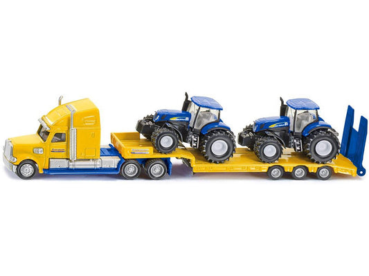 Tractor Truck Yellow with 2 New Holland T7070 Tractors Blue | 1/87 Diecast Model Tractor | Siku | Collector Quality