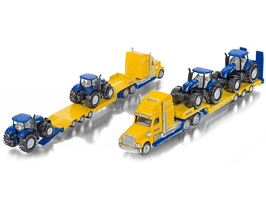 Tractor Truck Yellow with 2 New Holland T7070 Tractors Blue | 1/87 Diecast Model Tractor | Siku | Collector Quality