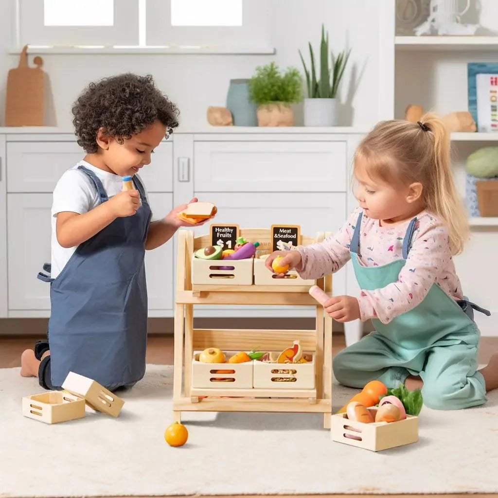 Play Kitchen Rack | Solid Natural Wood | Play Food Storage Shelf | Kids