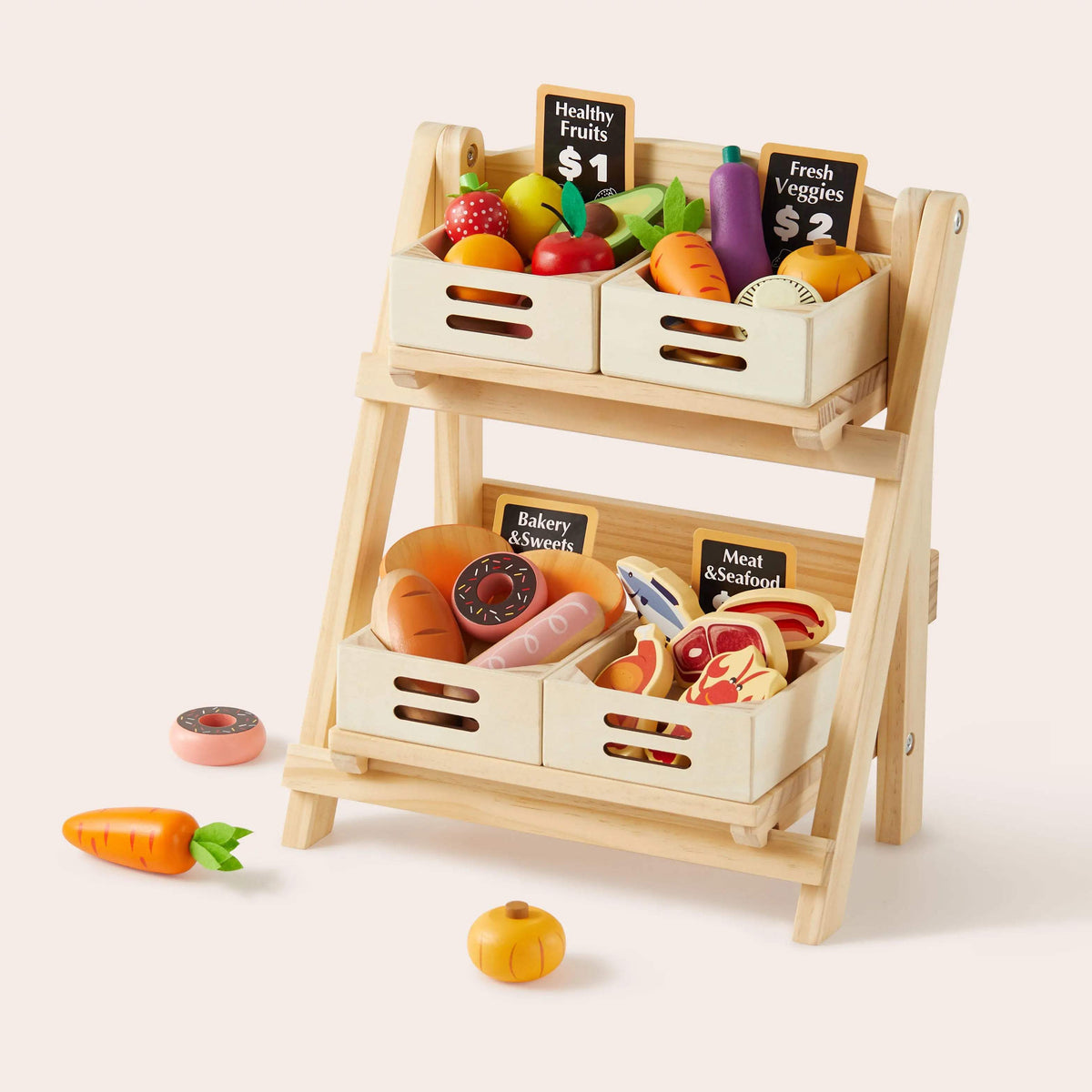 Play Kitchen Rack | Solid Natural Wood | Play Food Storage Shelf | Kids