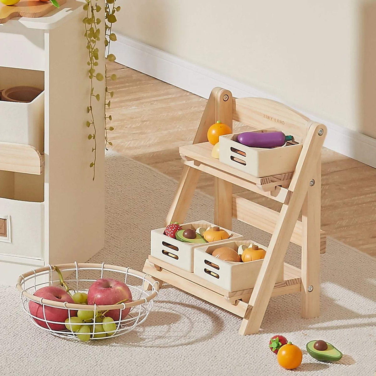 Play Kitchen Rack | Solid Natural Wood | Play Food Storage Shelf | Kids