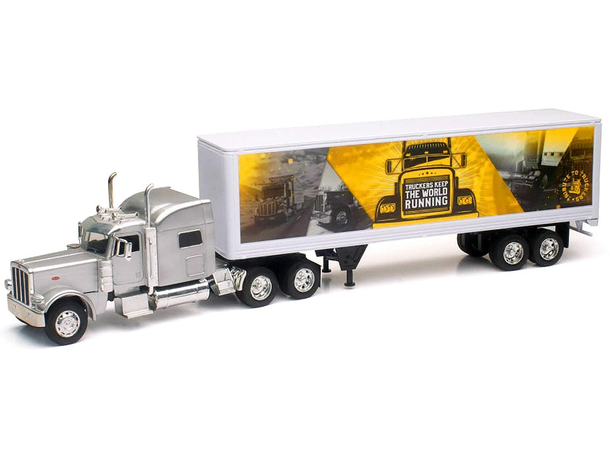 Peterbilt 389 Truck Silver Metallic with Dry Van Trailer | 1/32 Diecast Model Truck | New Ray | Trucker Keep The World Running Series