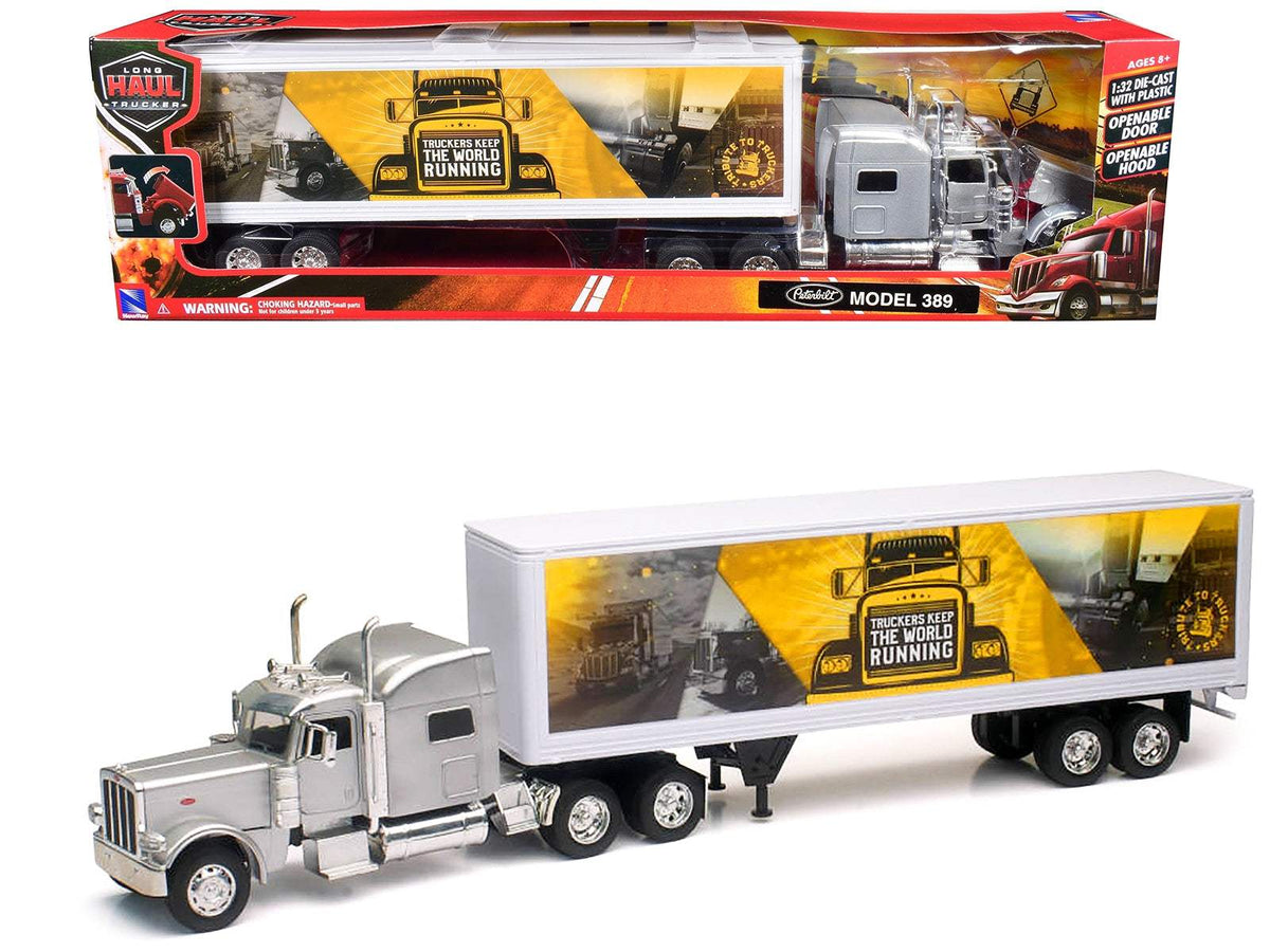 Peterbilt 389 Truck Silver Metallic with Dry Van Trailer | 1/32 Diecast Model Truck | New Ray | Trucker Keep The World Running Series