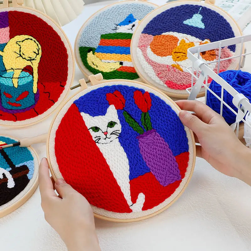 Beginner Cat & Floral Punch Needle Kit - Adjustable Embroidery Pen, Hoop, and Craft Supplies for Kids and Adults