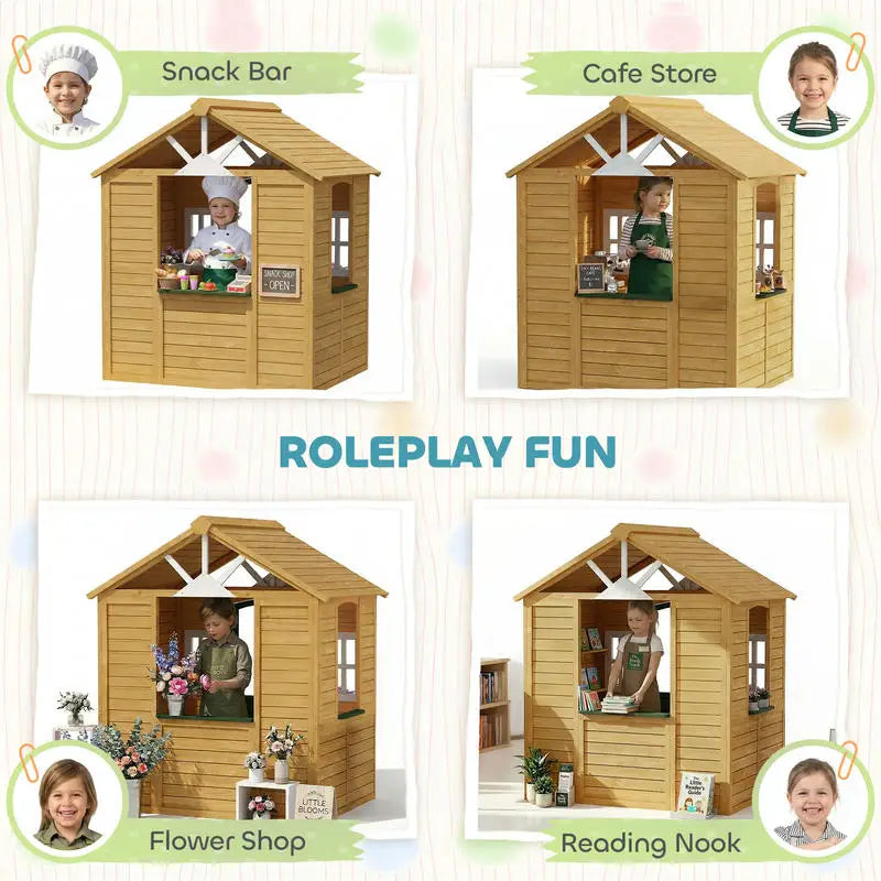 Wooden Outdoor Playhouse for Kids Safe Fir Wood Construction