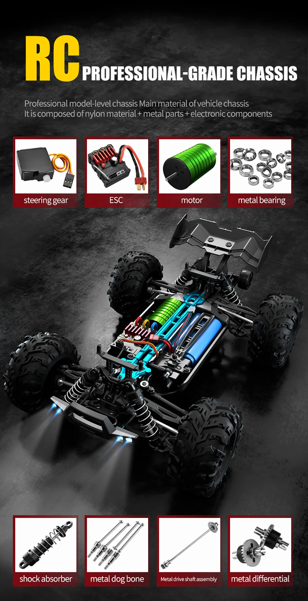 RC High-Speed 1:16 4WD Brushless Remote Control Monster Truck - 75KM/H Off-Road Adventure with LED Lights for Boys