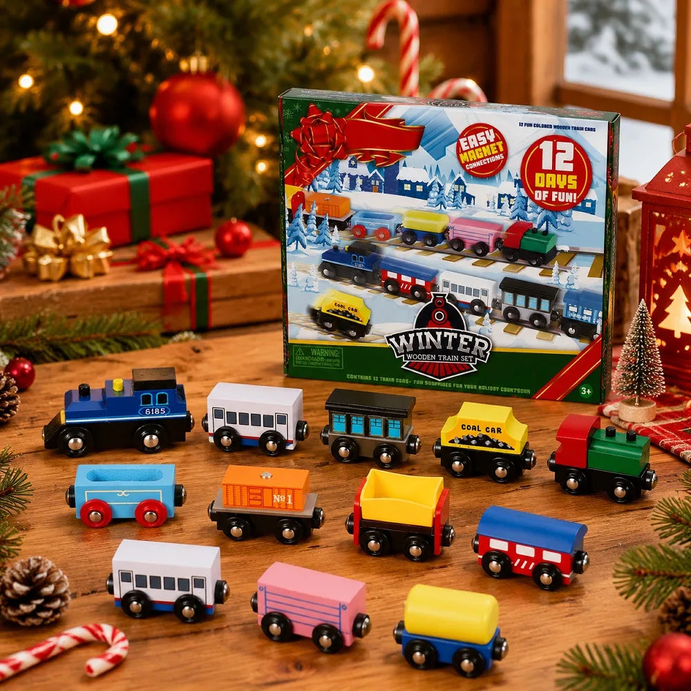 Advent Calendar | 12 Day Wooden Train Cars | Magnetic Train Set For Boys And Kids | Classroom Prizes Party Favor