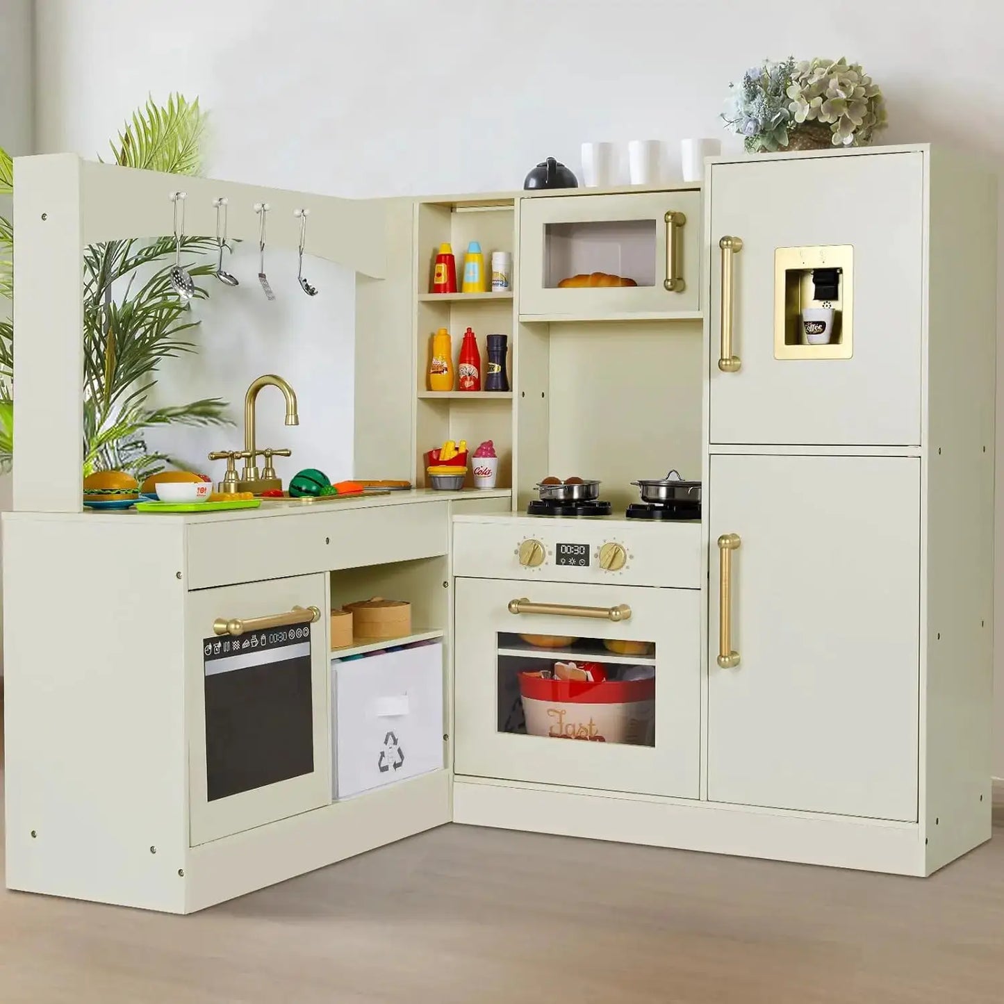 Corner Play Kitchen for Kids, Wooden Pretend Toy Kitchen, Large Toodler Cooking Playset w/Refrigerator, Stove w/Light & Sound, D - ToylandEU