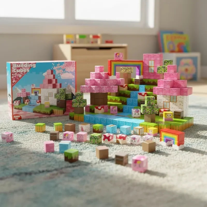 Magnetic Building Blocks | 100 Piece Set | Rainbow Forest | Pink Box