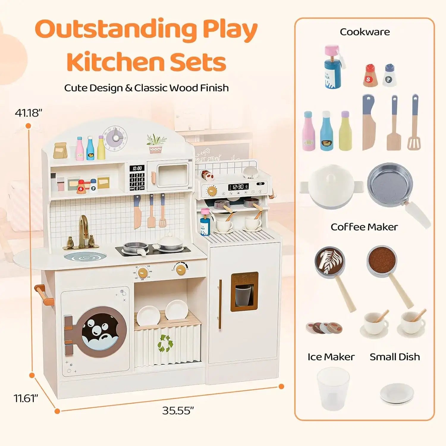 Wooden Play Kitchen w/Coffee Machine, Plenty of Play Pretend Kitchen Accessories, Kids Play Kitchen Design, Best Gift for Ages 3 - ToylandEU