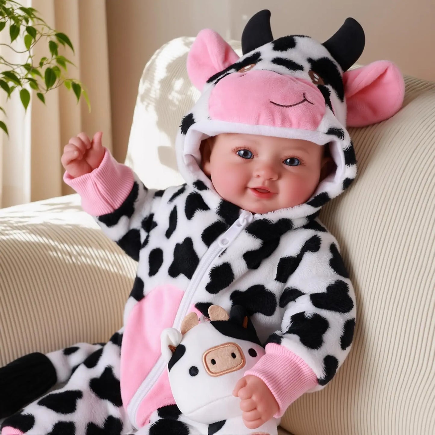 Realistic 17 Inch Baby Doll With Blue Eyes Cow Outfit