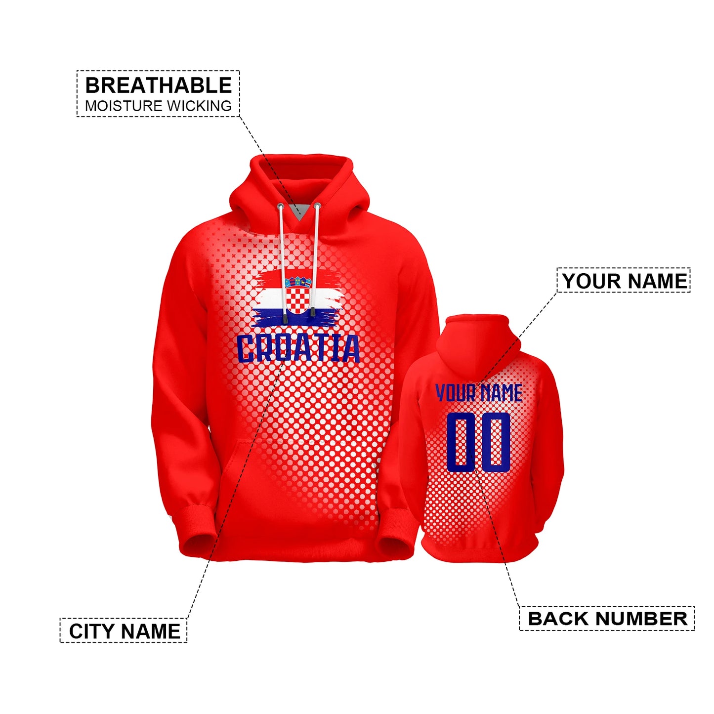 Personalized Croatia Soccer Hoodies for All Ages - Custom Name & Number Football Sweatshirt for Fans (S-5XL)