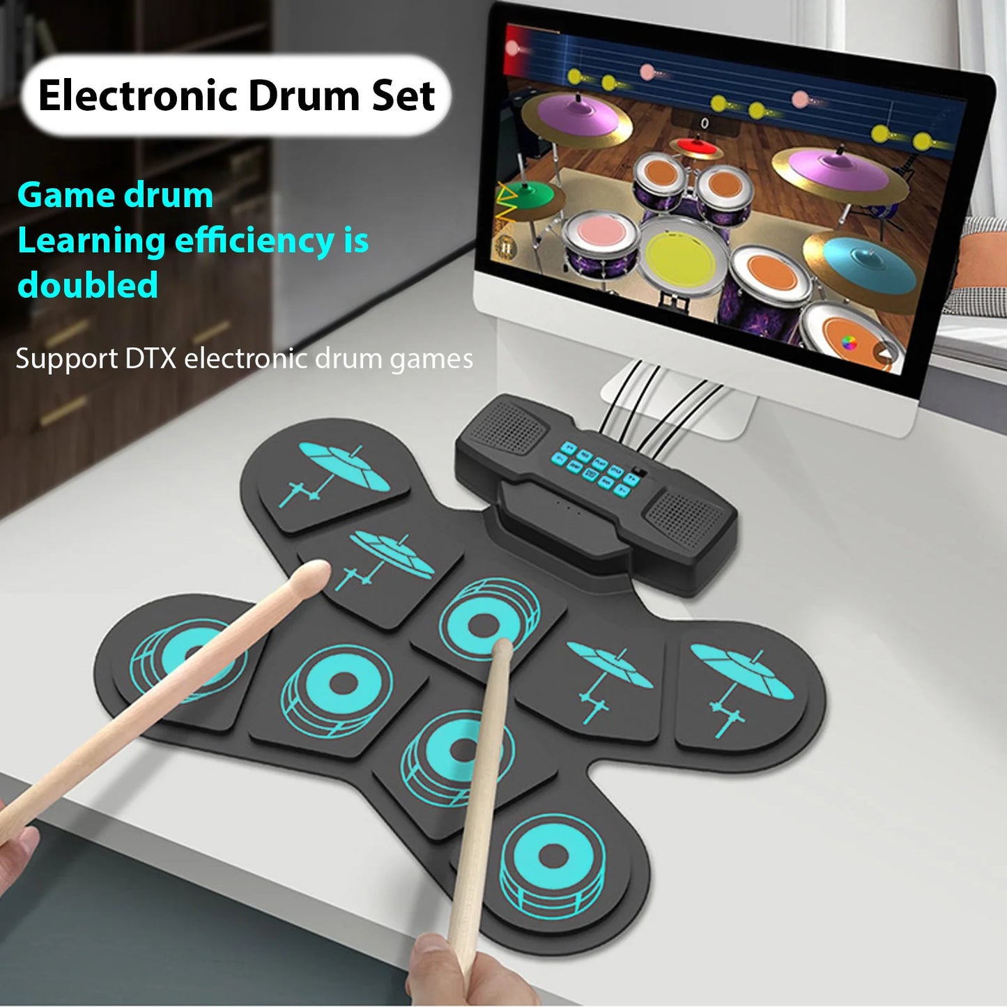 Portable Electronic Drum Set With 9 Pads And Rechargeable Power