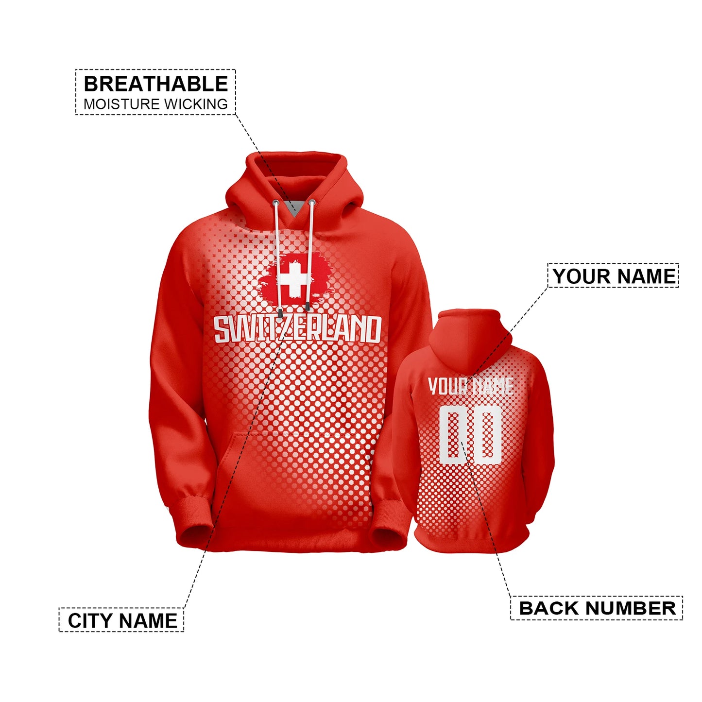 Personalized Switzerland Soccer Hoodie Pullover - Custom Football Sweatshirt for Men, Women, and Youth Fans (S-5XL)